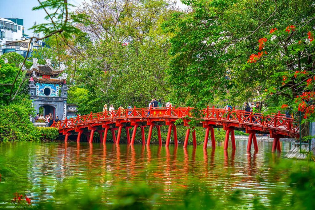 The red Huc Bridge at Hoan Kiem Lake in Hanoi