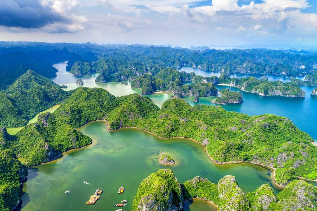 Aerial view over hundreds of islands and rocks in Lan Ha Bay