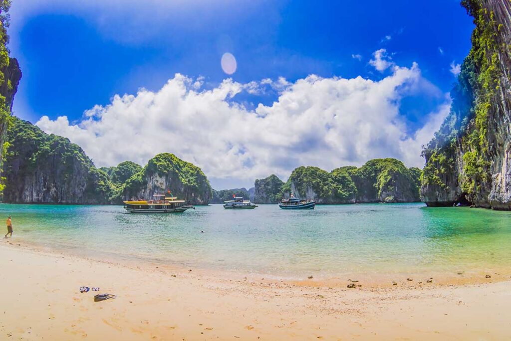 Beach with stunning landscape on the background of Lan Ha Bay