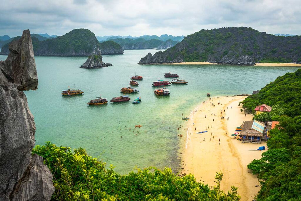 The viewpoint at Monkey Island over the beach and islands of Lan Ha Bay