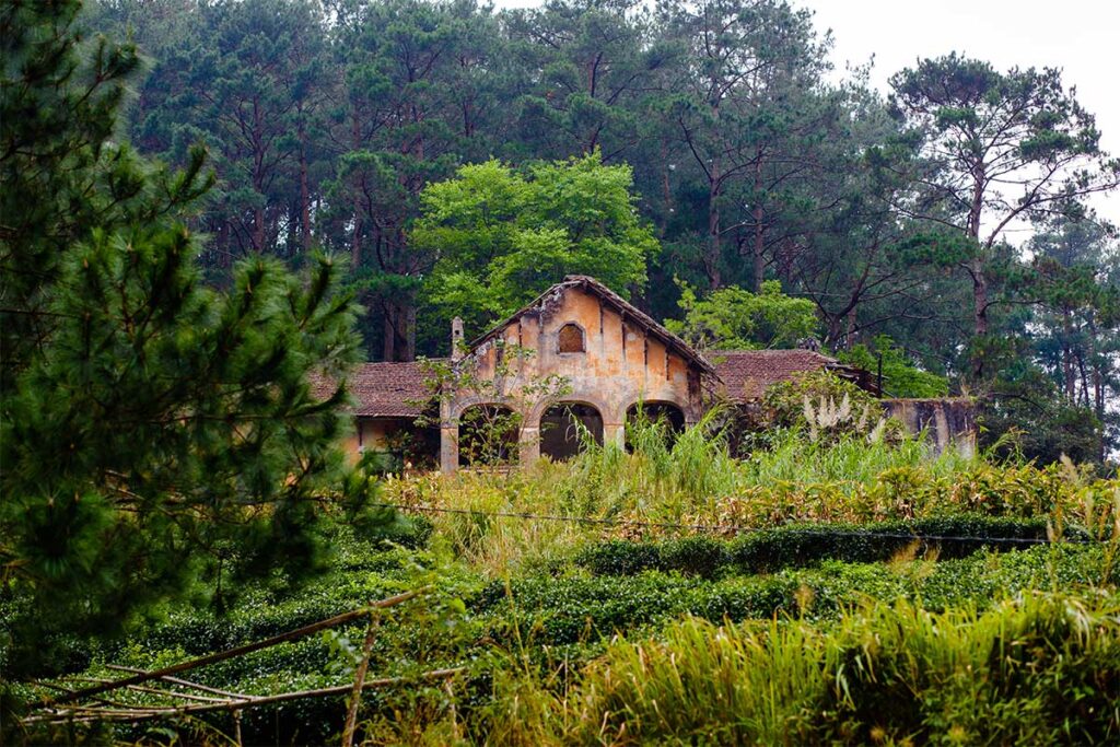 The ruins that turned red of a French colonial villa between the trees in Phia Oac National Park