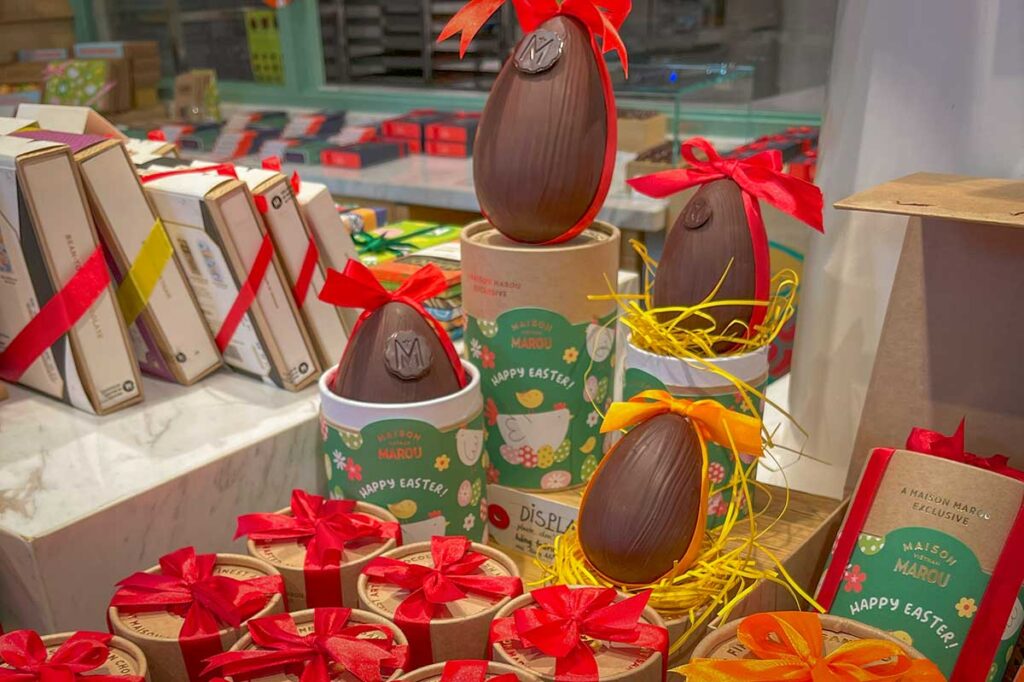 Easter chocolate eggs and gifts on display in a chocolate shop in Da Nang, Vietnam.