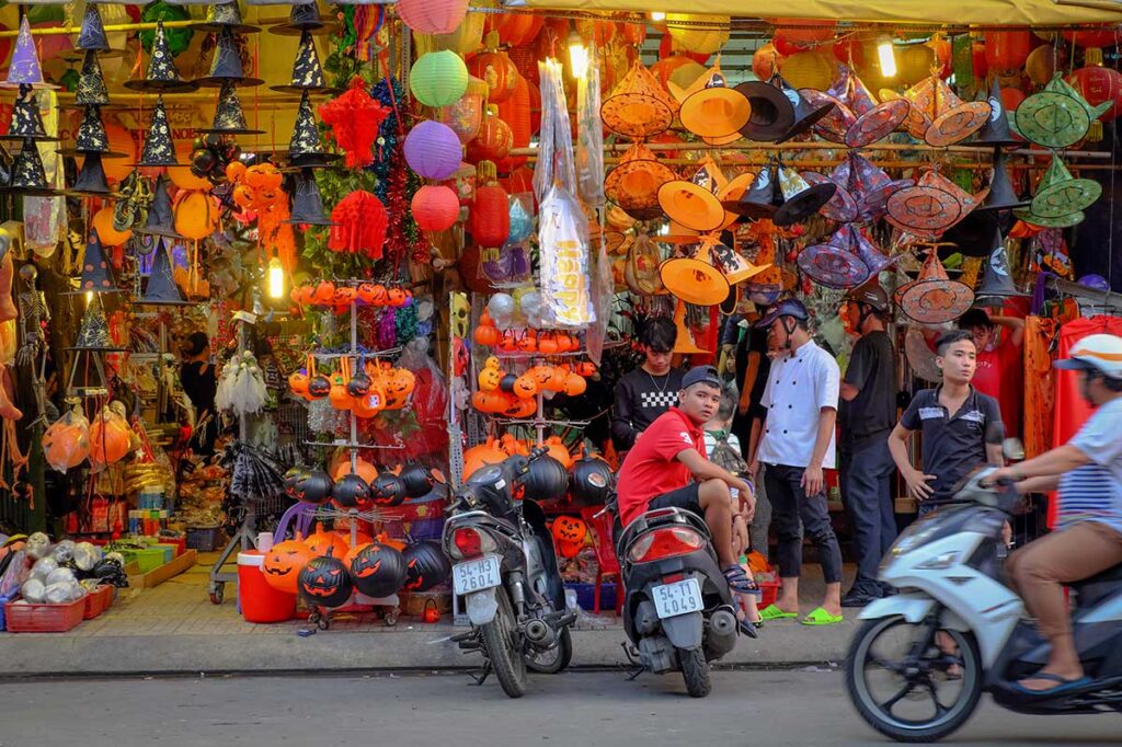 Store in Ho Chi Minh City selling Halloween decorations and costumes in the weeks before Halloween.