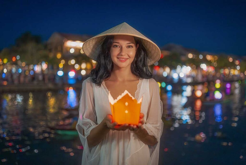 Romantic lanterns lighting up Hoi An at night, one of the most popular places to visit on Valentine’s Day in Vietnam.