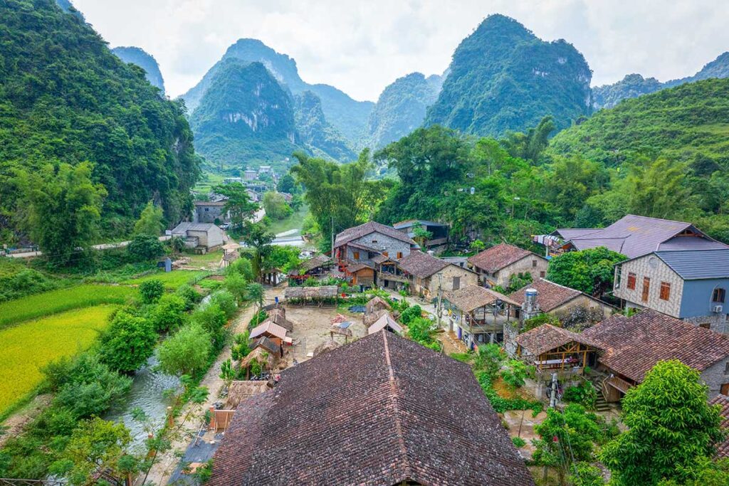 Old houses with beautiful mountain scenery in Cao Bang at Khuoi Ky Stone Village