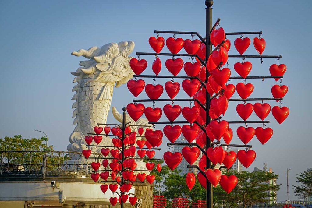 Heart-shaped Valentine’s Day decorations displayed in a public space in Vietnam.