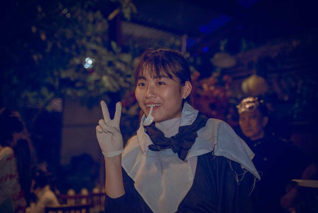 Young woman dressed in a Halloween costume at a Halloween party in Vietnam.