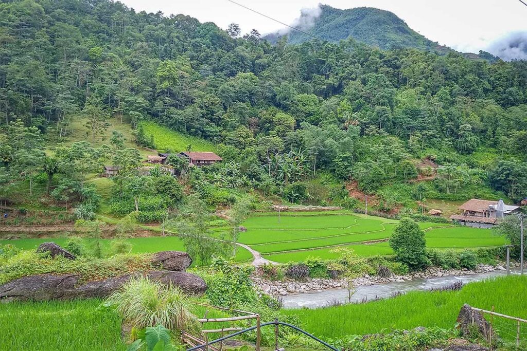 Rice fields and a river with mountains in Xin Man District, Ha Giang