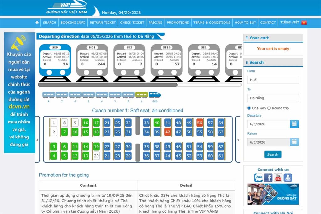 Screenshot of the official Vietnam Railways website showing train schedules and seat selection when booking Vietnam train tickets online
