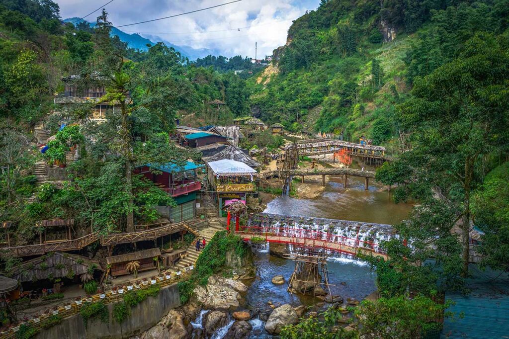A view over Cat Cat Village and the stream running through it