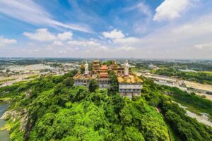 Aerial view of Chau Thoi Temple in Binh Dinh - sitting on top of a hill