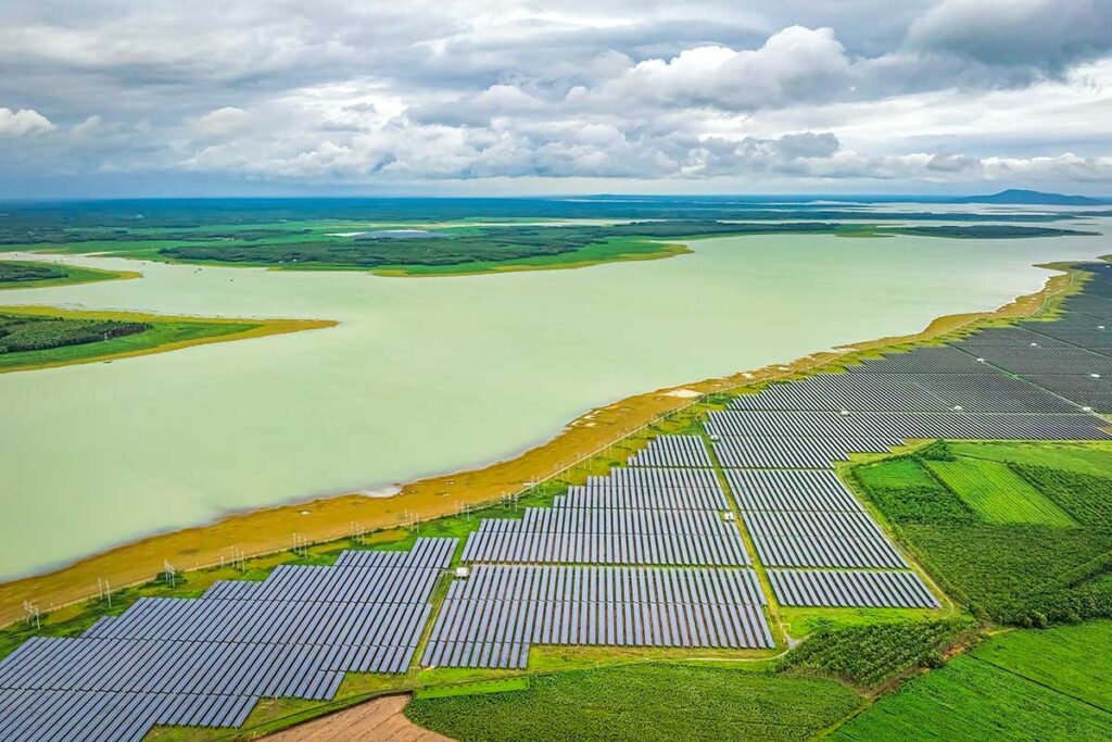 A large solar farm next to Dau Tieng Lake seen from the air