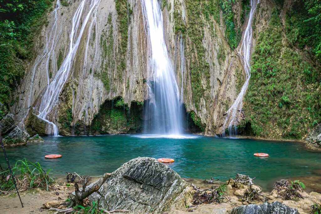 The natural pool with floating tired for swimming at the Khuoi Nhi Waterfall