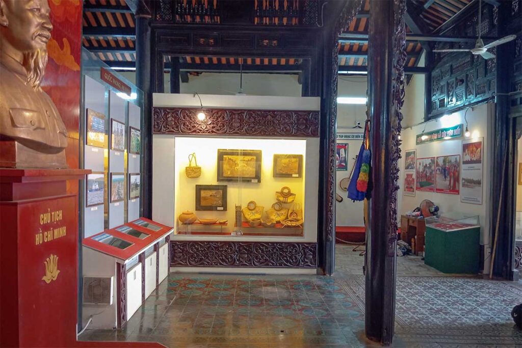 Interior of Kien Giang Museum in Rach Gia, showcasing historical artifacts, photos, and cultural displays related to local heritage and resistance history.