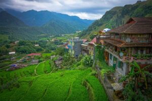 View of terraced rice fields and a local homestay in Lao Cai province