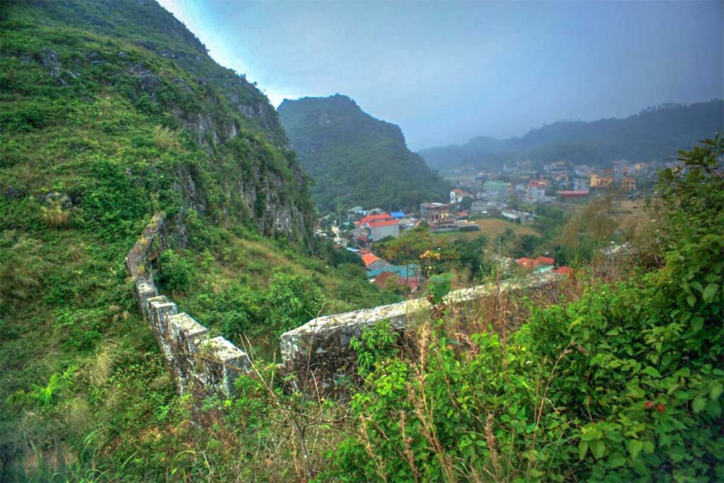 Ruins of small stone wall on a hilltop part of Mac Dynasty Citadel