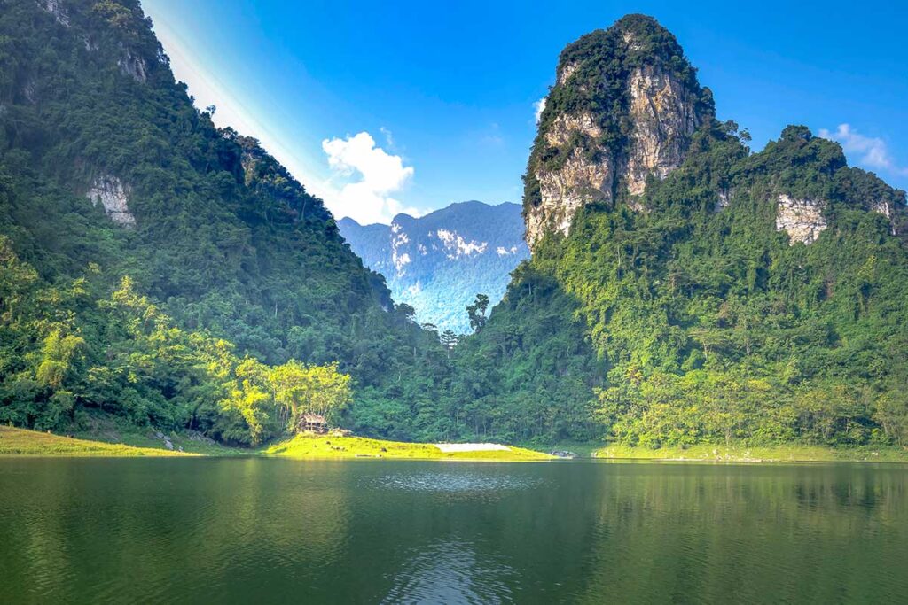 Beautiful views of Na Hang Lake with towering karst mountains and jungles on the background of Tuyen Quang