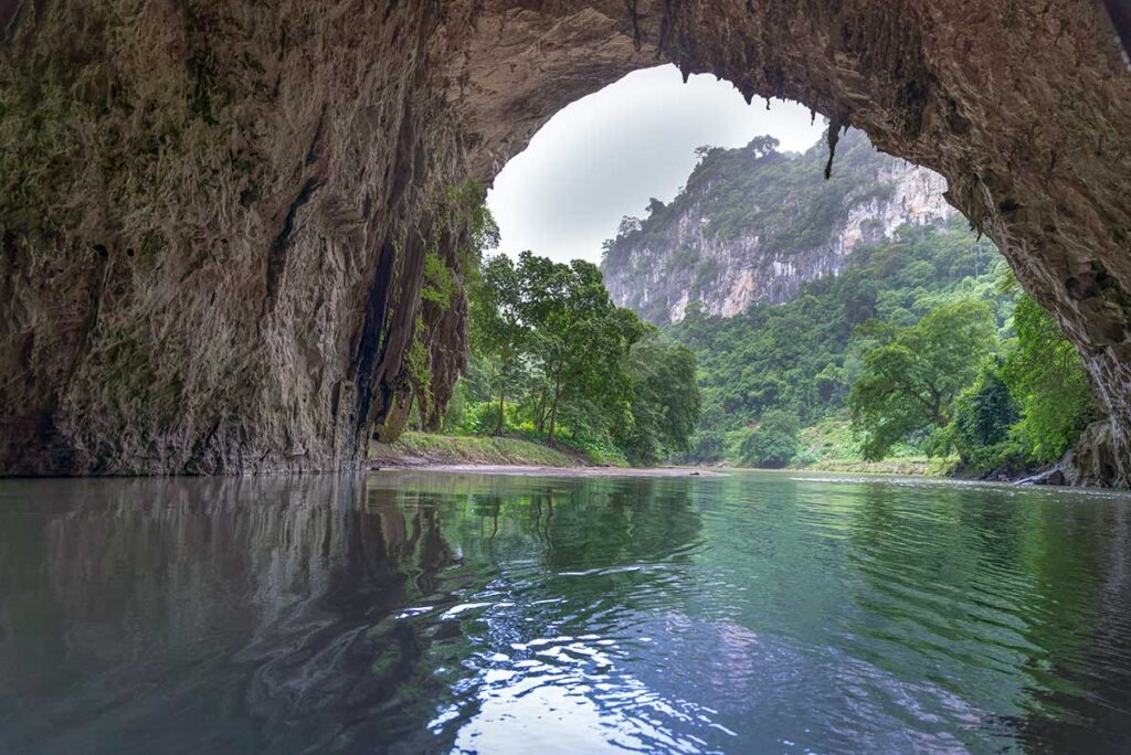 River cave opening seen from inside of Puong Cave in Ba Be National Park