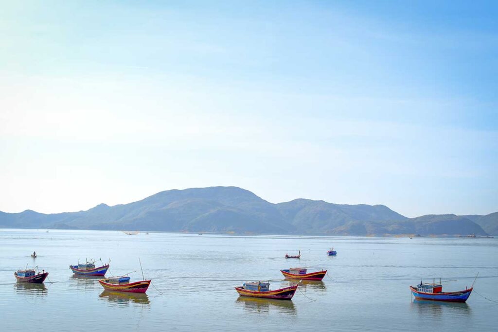 Fishing boats floating in Thi Nai Lagoon nearby Quy Nhon in Binh Dinh province