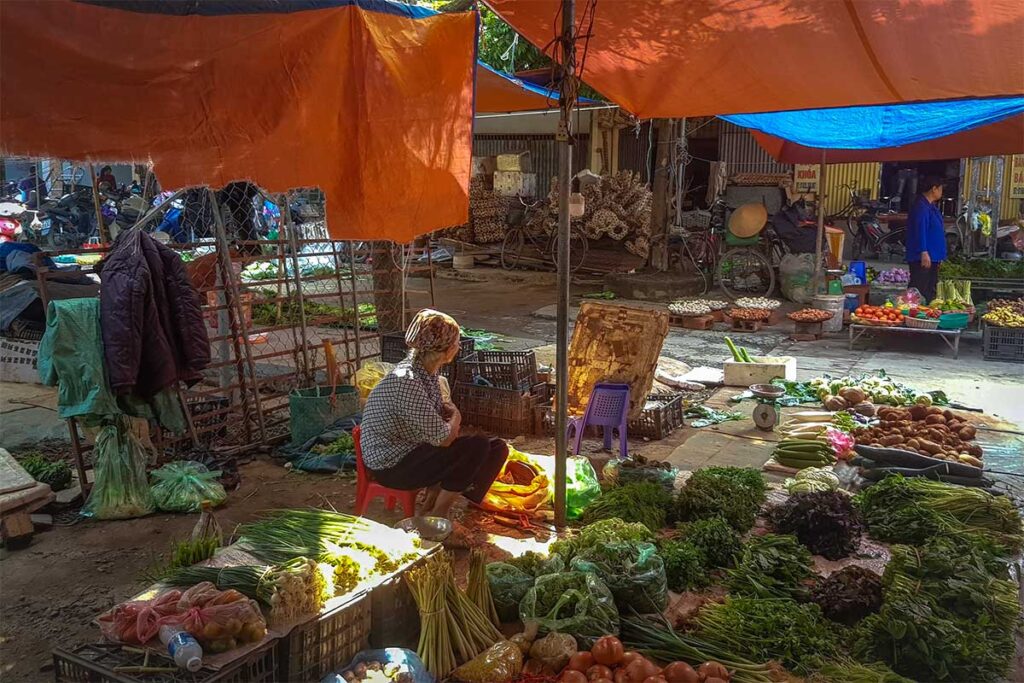 A woman sitting on the street at her market stall selling vegetables at Van Giang Market