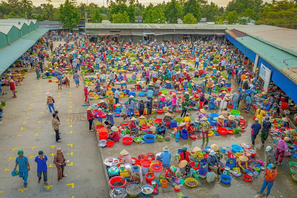 Vi Thanh Market in Hau Giang Province, Vietnam – busy local market scene with colorful baskets, vegetables, fish, and Mekong Delta traders.