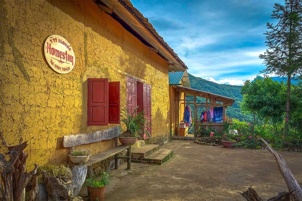 A traditional homestay house made of yellow clay in Y Ty Commune