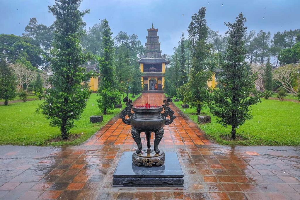 Thien Mu Pagoda during a rainy day in Hue
