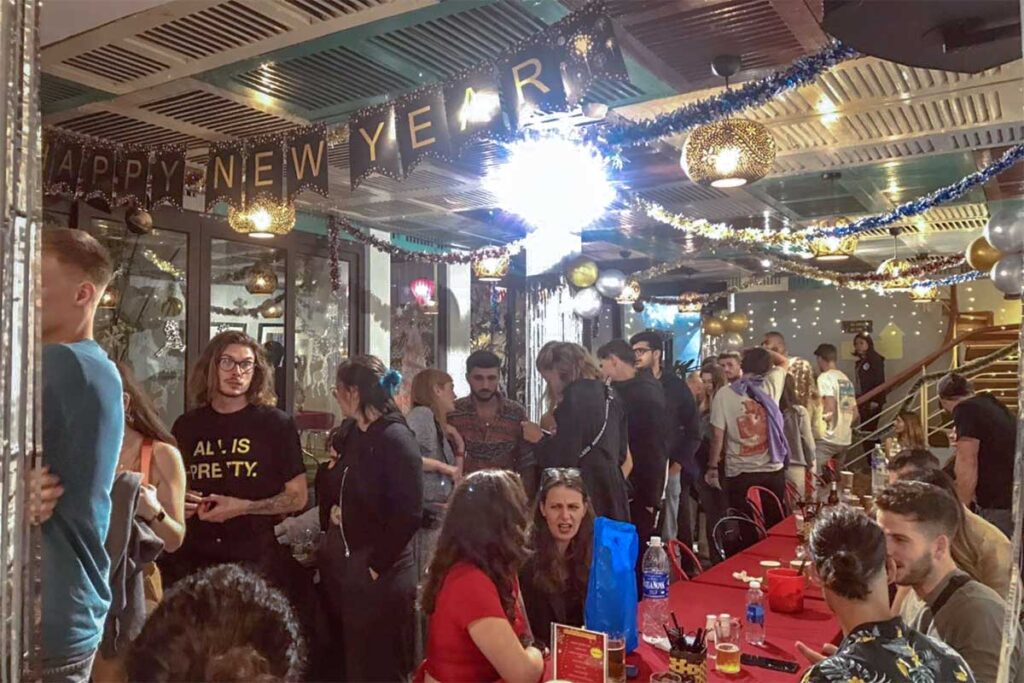 A New Years Eve party in Hanoi at a bar of a hostel in the Old Quarter