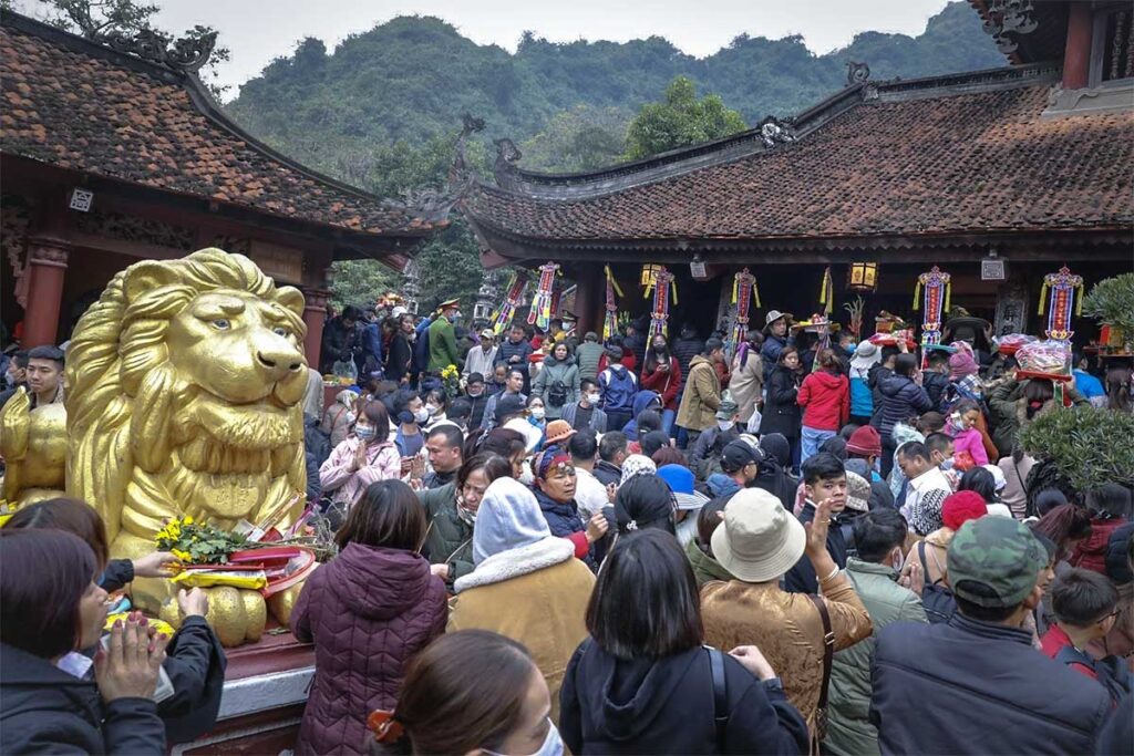 Huge crowds at one of the temples of the Perfume Pagoda complex during the Perfume Pagoda Festival