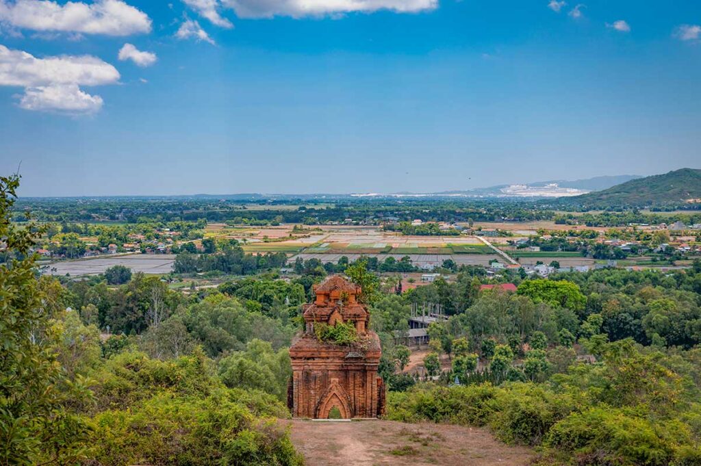 Panoramic view from Banh It Cham Towers across the Kon River plain and rice fields.