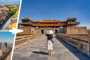 Traveler walking toward the Ngo Mon Gate at Hue Imperial City during a day trip from Hoi An or Da Nang, with collage-style images showing the route between the cities.