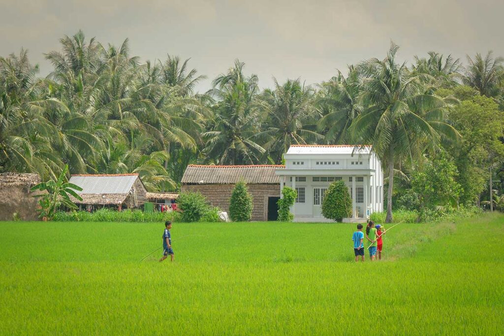 Green rice fields and a palm-lined hamlet with children playing, illustrating warm days at the start of the rainy season in the Mekong Delta in May.