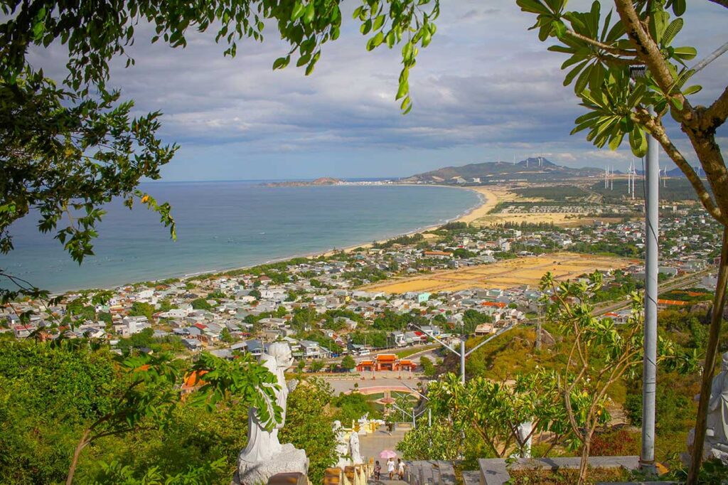 Panoramic view from Ong Nui Temple over Quy Nhon city, Thi Nai Lagoon, and Phuong Mai Peninsula.