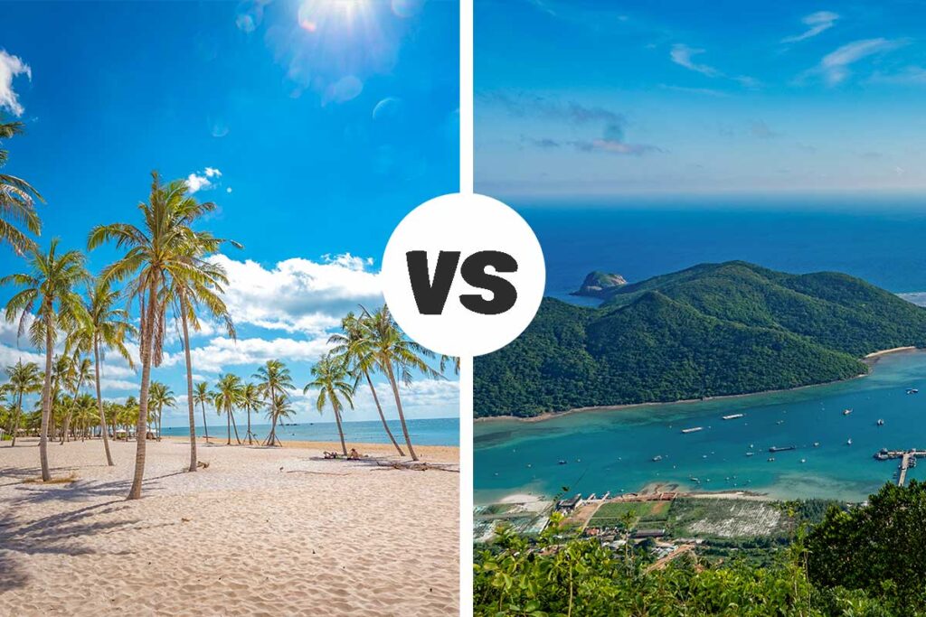 Split image comparing Phu Quoc and Con Dao, with a sandy palm-lined beach on one side and a lush green island coastline with turquoise water on the other