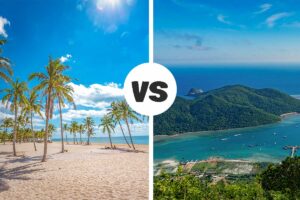Split image comparing Phu Quoc and Con Dao, with a sandy palm-lined beach on one side and a lush green island coastline with turquoise water on the other
