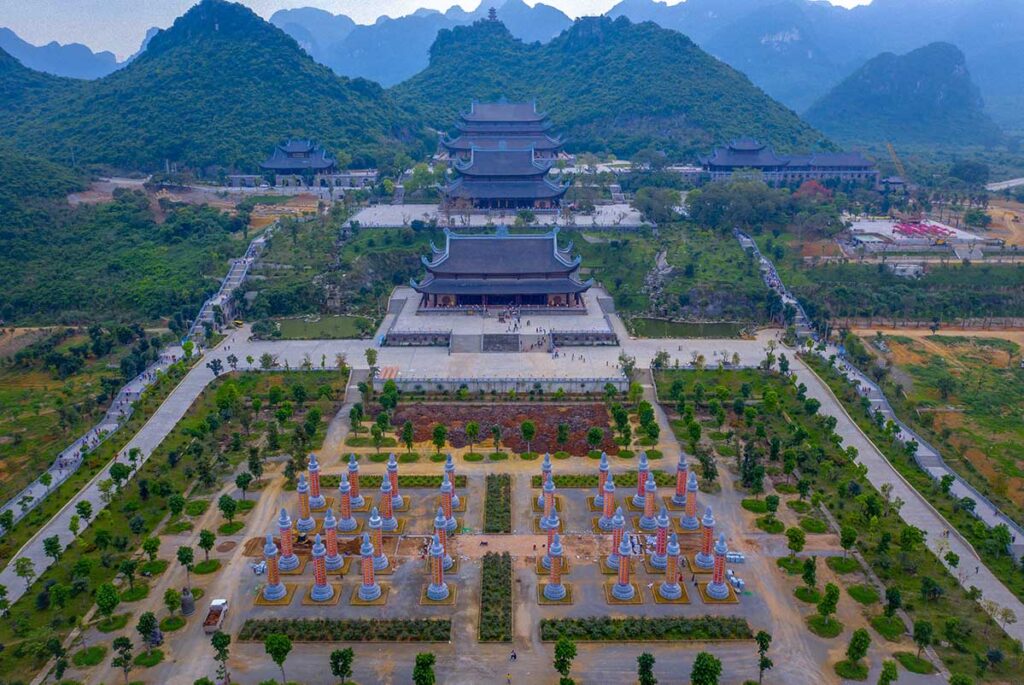 Aerial view of the main temples and Kinh Pillar Garden (Sutra Pillars) at Tam Chuc Pagoda