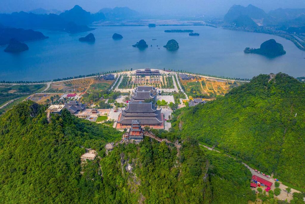 Aerial view of Tam Chuc Pagoda Complex with lake