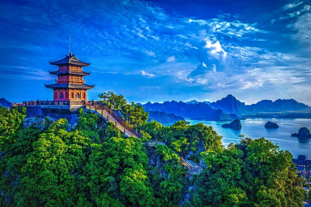 Jade Pagoda (Ngoc Pagoda) on top of the hills seen from a path leading up the the pagoda