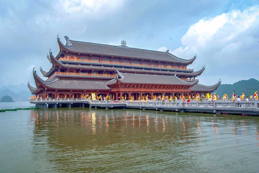 Thuy Dinh Guest House and Boat Dock seen from mainland at Tam Chuc Pagoda