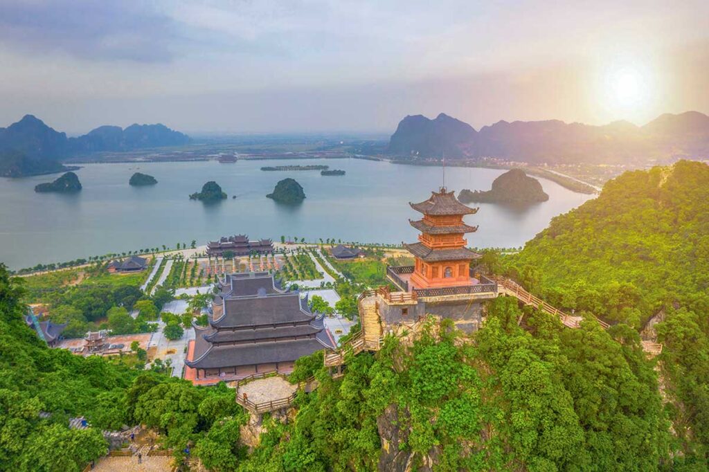 Jade Pagoda (Ngoc Pagoda) on top of the hills seen from the air - part of Tam Chuc Temple Complex