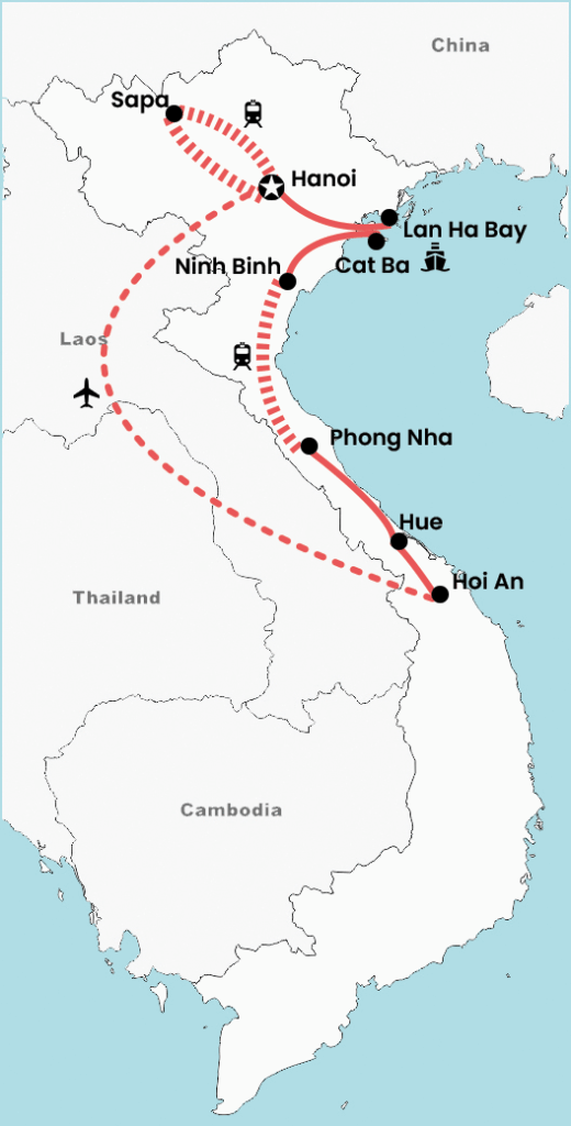 Map of a 2-week North and Central Vietnam roundtrip tour highlighting the route from Hanoi to Ninh Binh, Lan Ha Bay, Sapa, Phong Nha, Hue and Hoi An, including transport icons for trains, boats and flights.