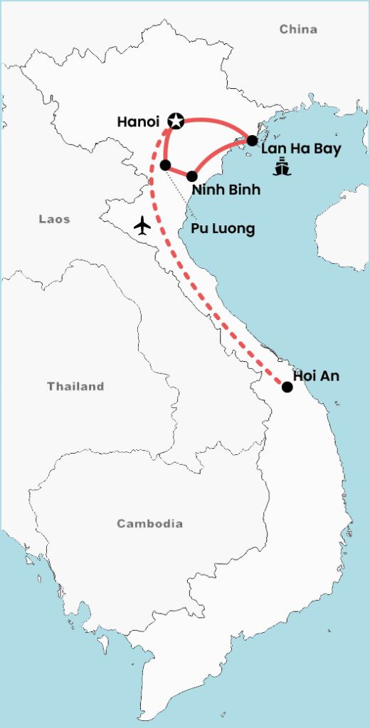 Map of a 2-week North and Central Vietnam slow-travel tour showing the full itinerary route from Hanoi to Ninh Binh, Pu Luong, Lan Ha Bay and onward to Hoi An, highlighting travel connections and destinations visited.