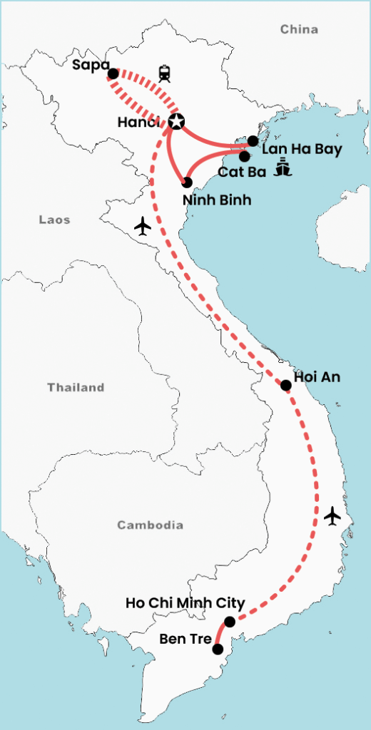 Map of a 2-week Vietnam itinerary traveling from Ho Chi Minh City and Ben Tre in the south to Hoi An, Ninh Binh and Hanoi in the north, including flight and road routes.