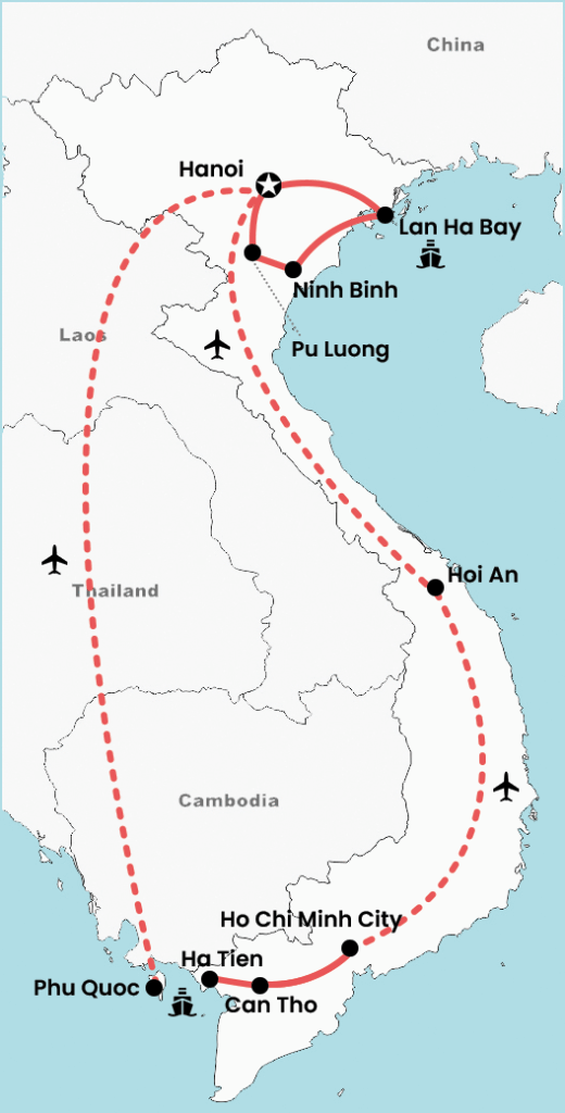 Map of a 3-week Vietnam slow-travel tour showing the complete itinerary route through Hanoi, Ninh Binh, Cat Ba, Lan Ha Bay, and Pu Luong, with highlighted travel connections for a relaxed and scenic route.
