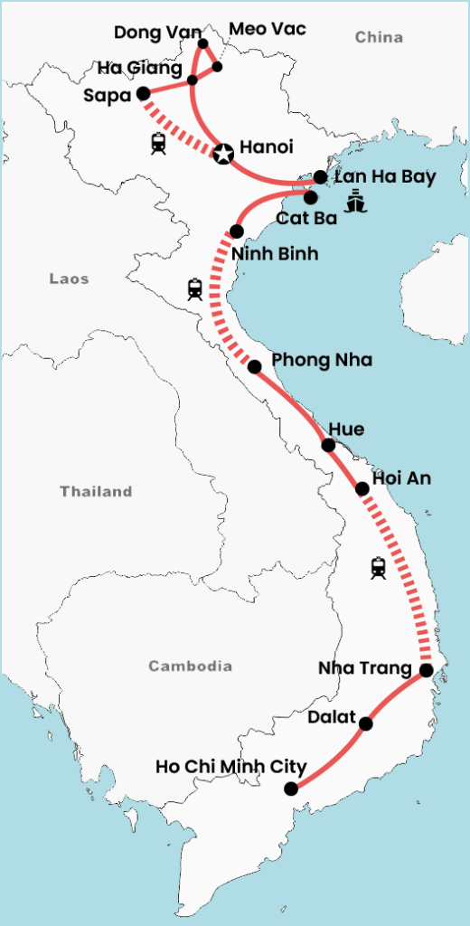 Map of a 4-week Vietnam adventure tour showing an extended itinerary route from Sapa and Ha Giang through Phong Nha, Hue, Hoi An, Dalat, Nha Trang and Ho Chi Minh City, with train and flight connections marked.