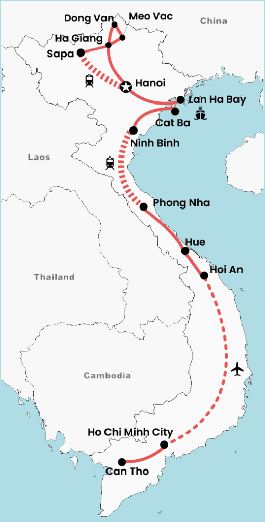 Map of a 4-week Vietnam highlights tour displaying the full travel route from Hanoi to Sapa, Ha Giang, Ninh Binh, Phong Nha, Hue, Hoi An, Nha Trang, Dalat and Ho Chi Minh City, including major itinerary stops and transport routes.