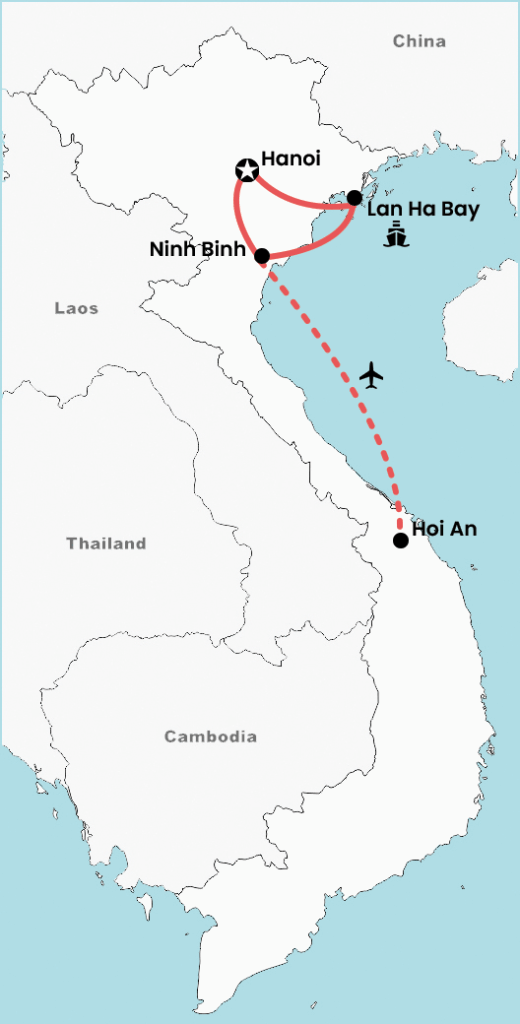 ap of a 7-day North Vietnam and Hoi An tour showing travel connections between Hanoi, Ninh Binh, Lan Ha Bay, and Hoi An, including domestic flight routes.