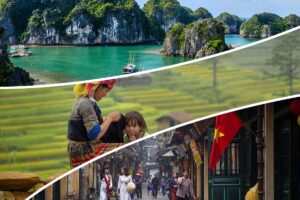 7-day North Vietnam package tour featuring Halong Bay limestone cliffs, terraced rice fields, and Hanoi Old Quarter highlights.