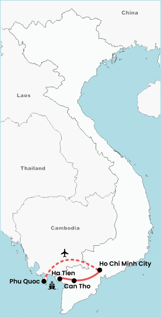 Map of a 7-day South Vietnam tour showing the route from Ho Chi Minh City to Can Tho, Ha Tien and Phu Quoc, including road and boat connections in the Mekong Delta.