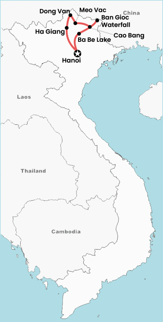 Map of a 9-day off-the-beaten-track North Vietnam tour showing the itinerary route from Hanoi to Ha Giang, Dong Van, Meo Vac, Ba Be Lake and Ban Gioc Waterfall, highlighting remote destinations and scenic travel routes.